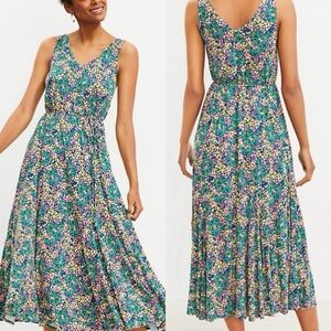 Loft Colorful Floral V Neck Midi Dress w Tie Waist Sz XXSP 💚🍄